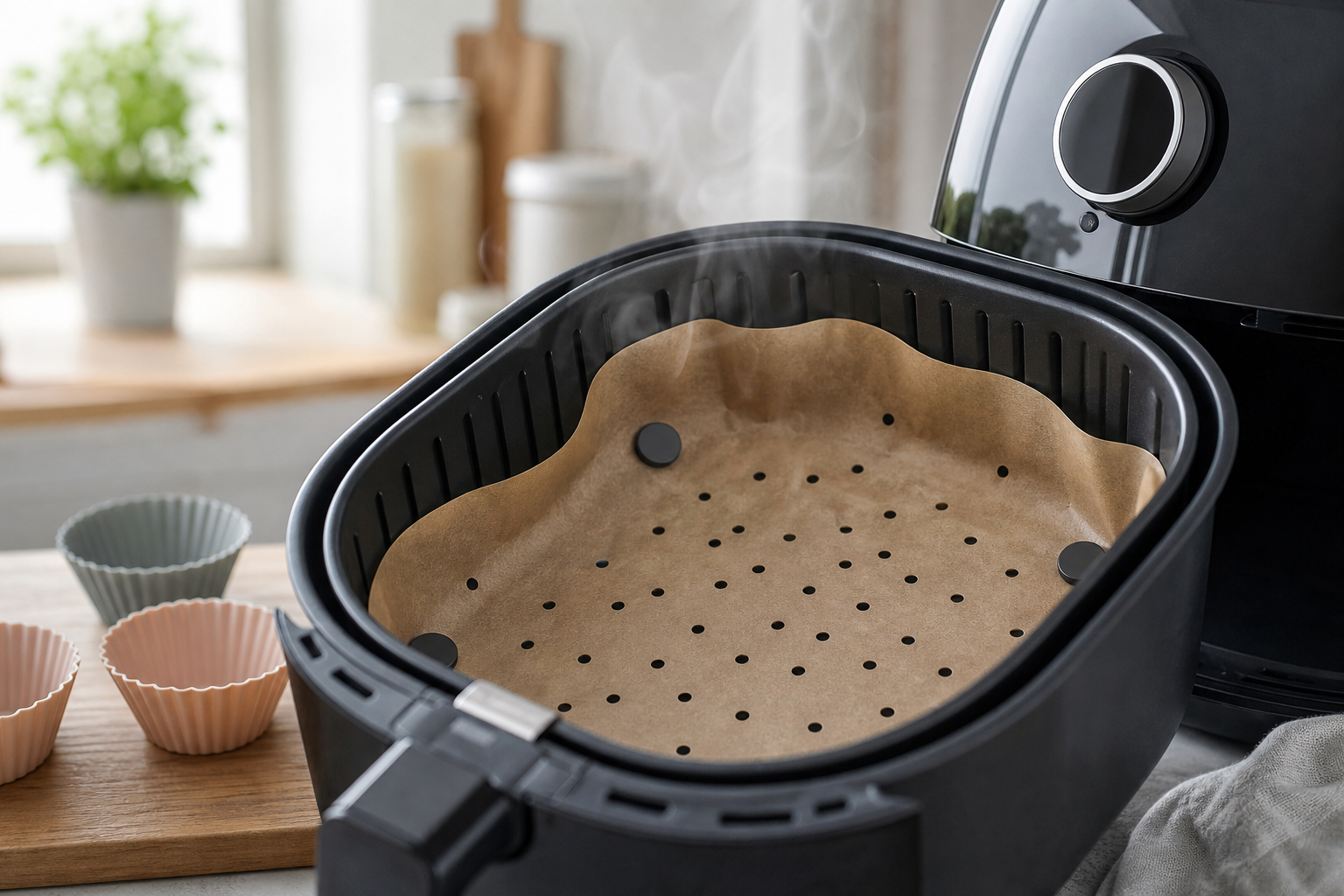 Airfryer-kurv med perforated bagepapir og silikoneforme ved siden af — tema om sikkert tilbehør