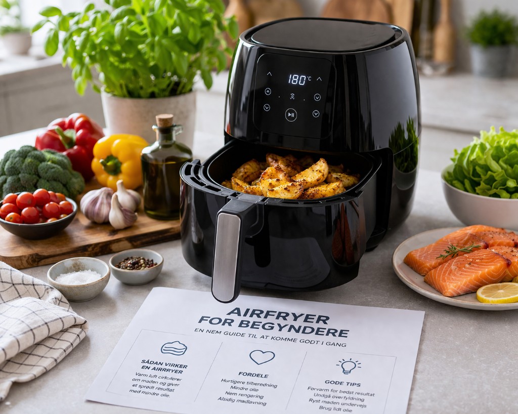 Sort airfryer med kartoffelbåde i skuffen, trykt begynderguide på bordet og friske råvarer – broccoli, tomater, peberfrugt og laks med citron