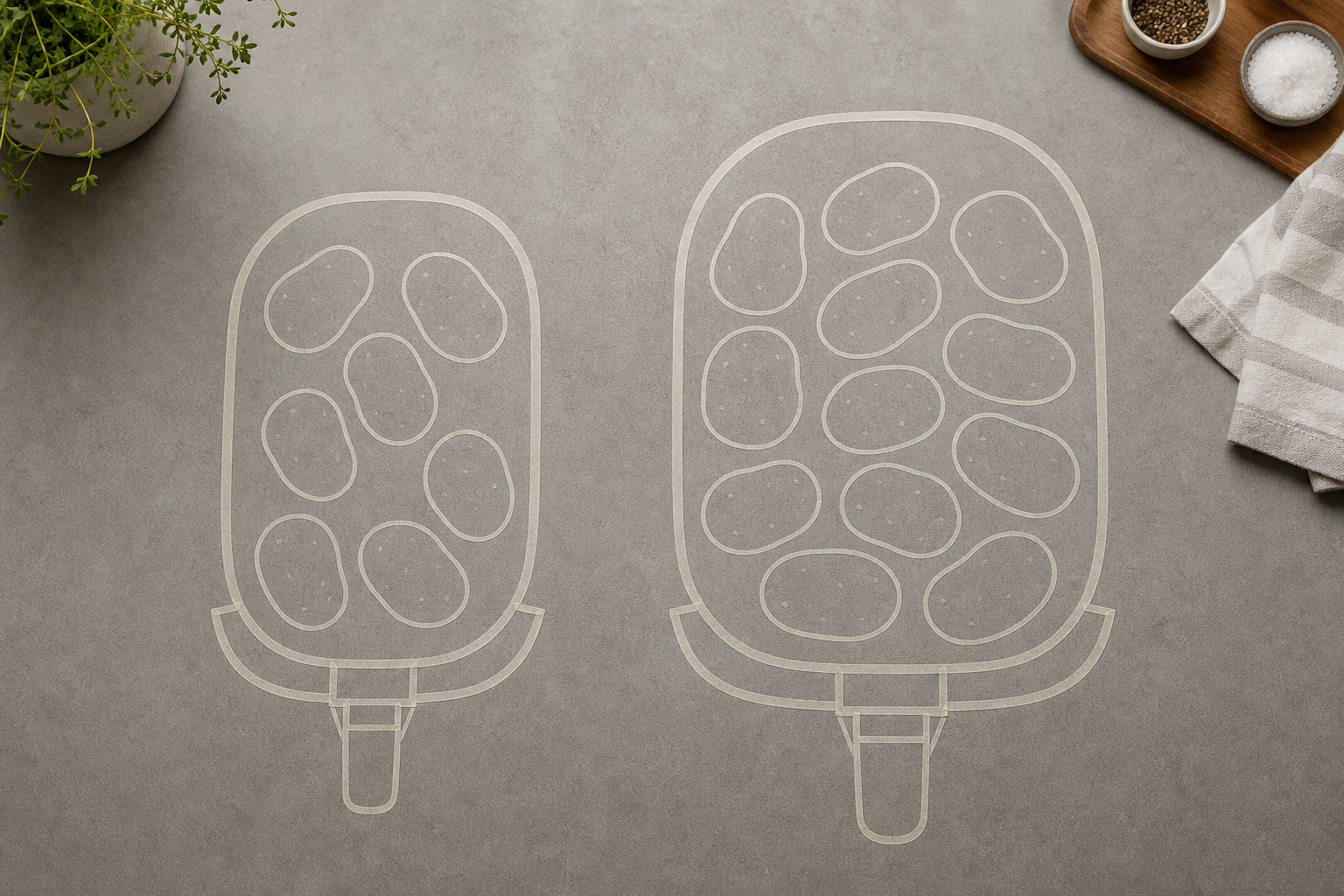Oversigtlig sammenligning af stor og mindre airfryer-kurve med portionsskitse — kurv og liter forklaret