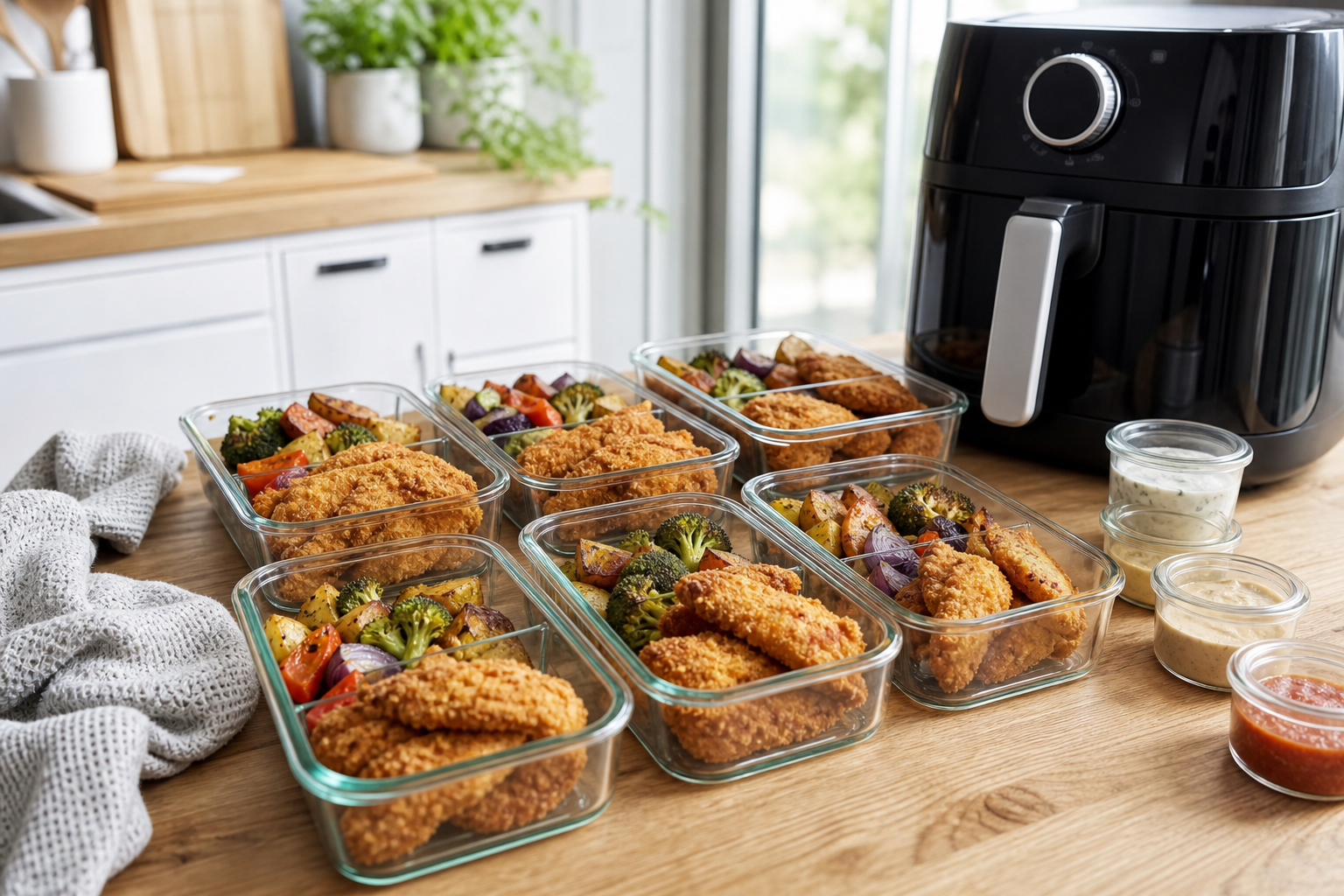 Meal prep skåle og beholdere ved siden af airfryer med portioner klar til ugen