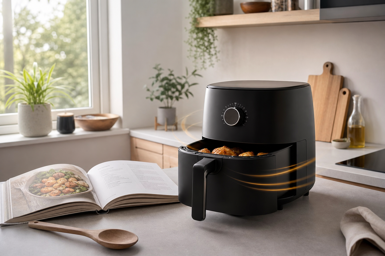 Roligt køkken med moderne airfryer ved siden af skærebræt — tema om støj og normale lyde