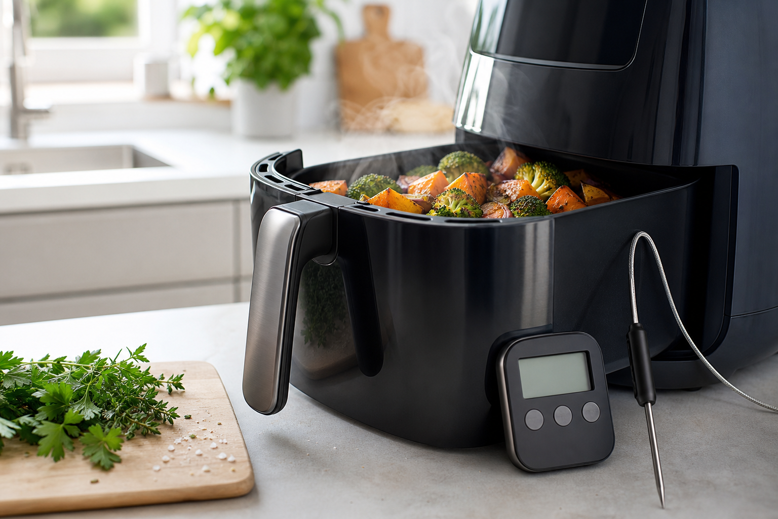 Køkkenskive med timer, termometer og airfryer-kurv — tema om tid, afprøvning og tjek undervejs