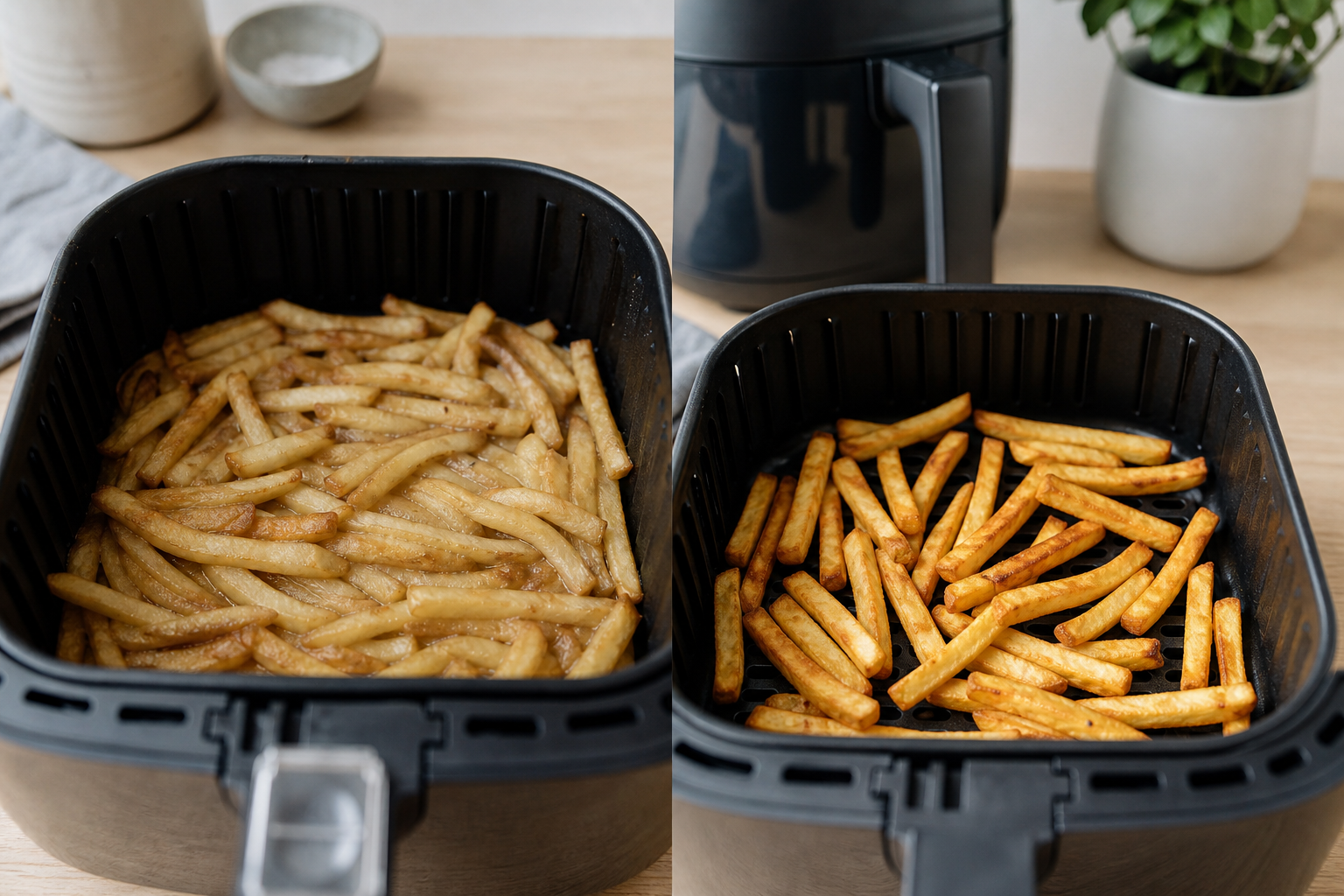 Kontrast mellem bløde og sprøde pommes i airfryer-kurv – visuelt for typiske fejl og løsninger