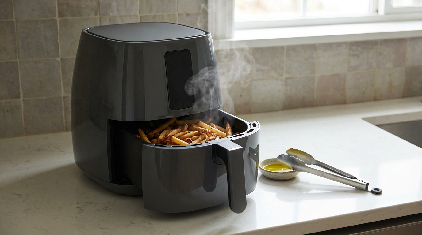Airfryer på køkkenbord med let damp fra kurven — fejlfinding ved røg, fedt og brandalarm