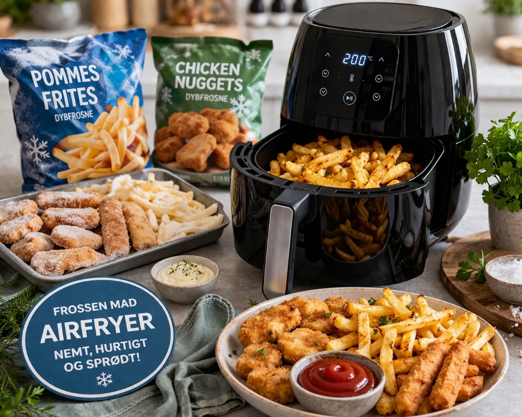 Sort airfryer med sprøde pomfritter i kurven, poser med dybfrosne pommes og chicken nuggets, bakke med frostlag og tallerken med færdig sprød mad og dip