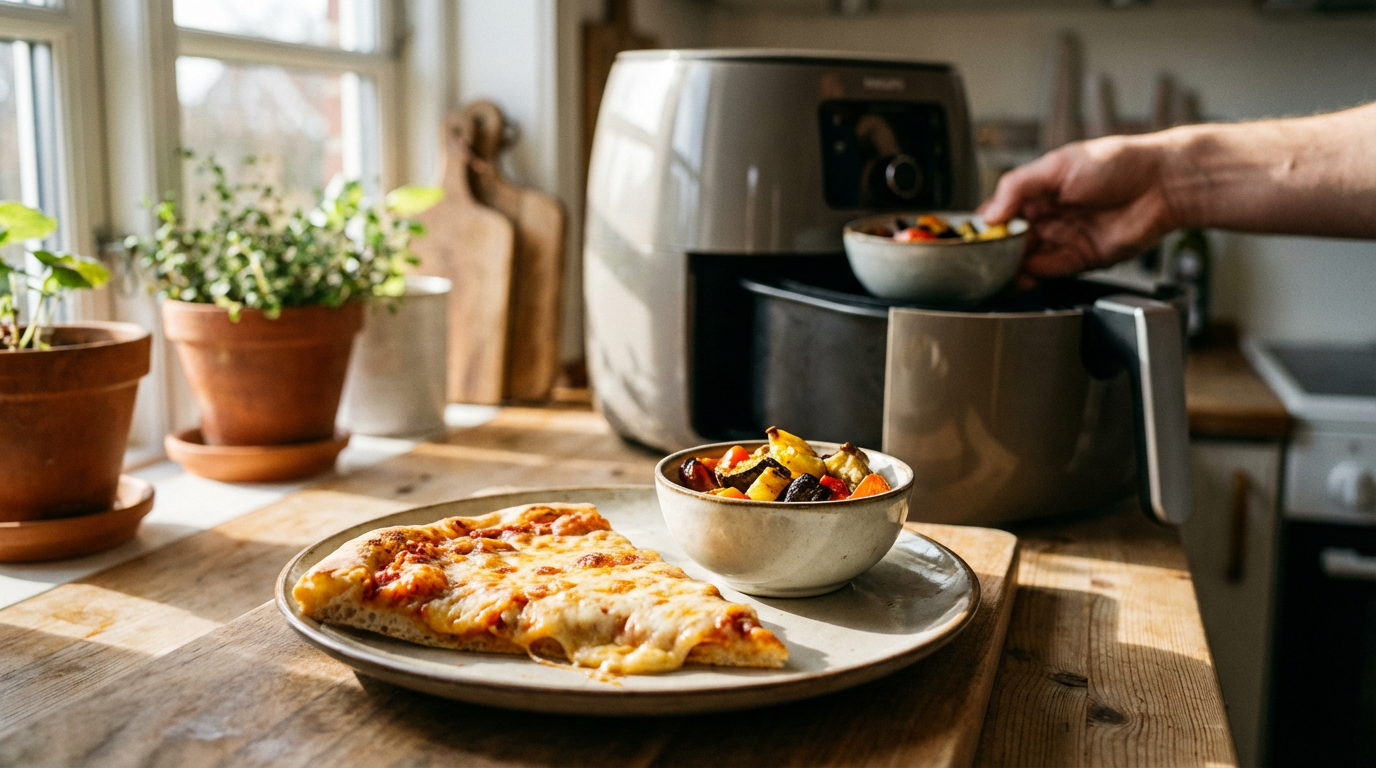 Rester og pizza ved siden af airfryer — genopvarmning med bedre tekstur end mikrobølge
