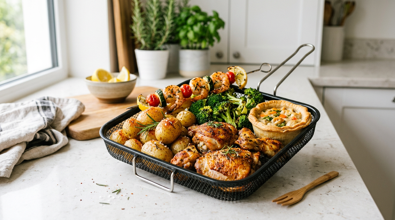 Varieret mad i og omkring en airfryer-kurv: grønt, protein og tilbehør på lyst køkkenbord