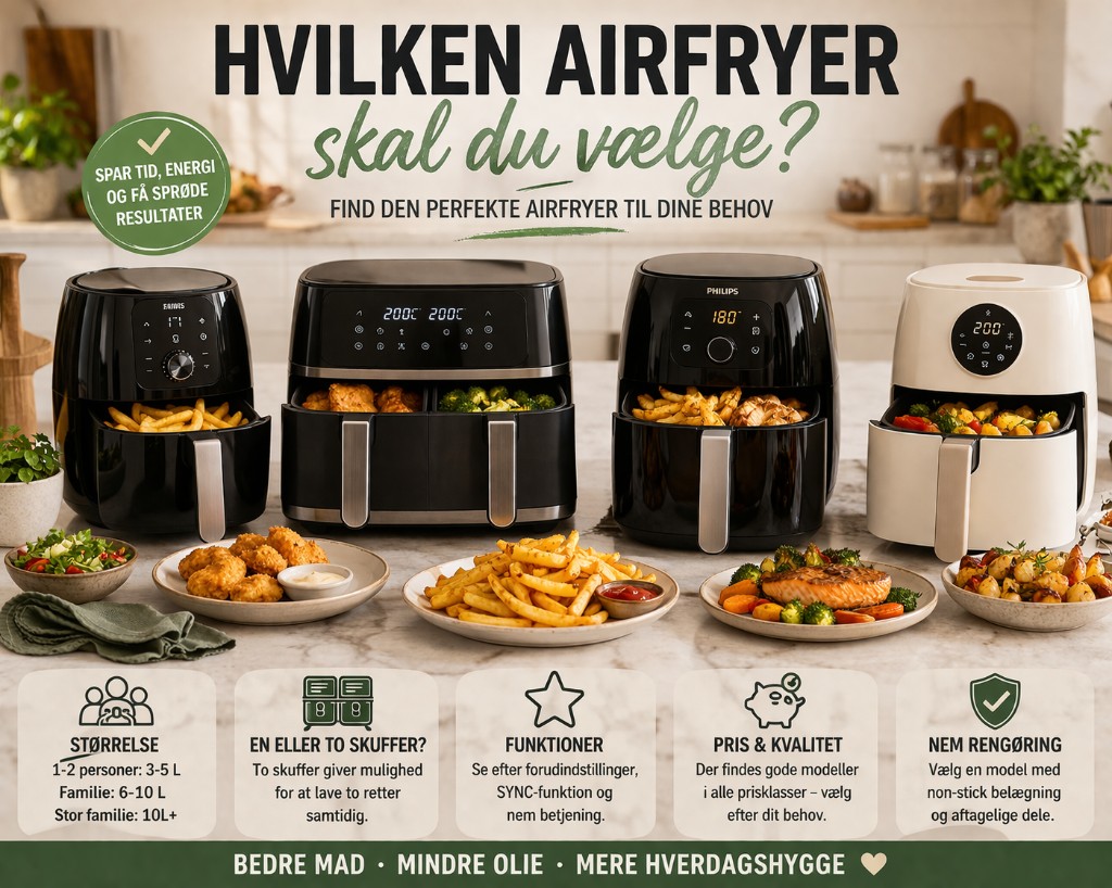 Flere airfryermodeller på række med mad i kurvene og tallerkener med pomfritter, nuggets, laks og grønt – guide til valg af airfryer