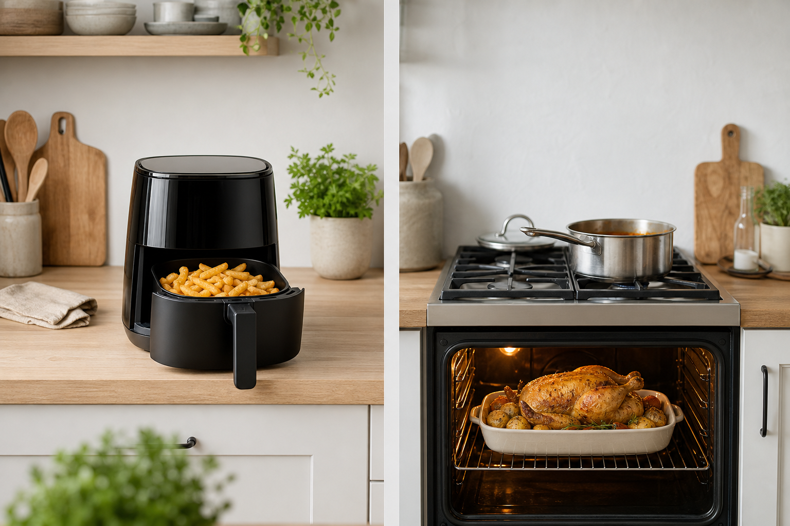 Køkken med airfryer, ovn og gryde — visuelt valg mellem apparater til forskellig mad