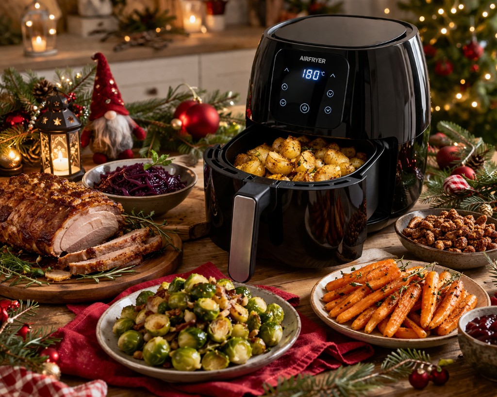 Sort airfryer med brunede kartofler i kurven på et juledækket bord med flæskesteg, rødkål, rosenkål, glaserede gulerødder og julepynt med lys