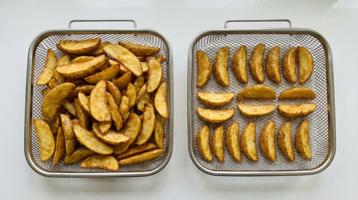 Airfryer-kurv set fra oven: overfyldt lag kontra ét enkelt lag for bedre luftcirkulation