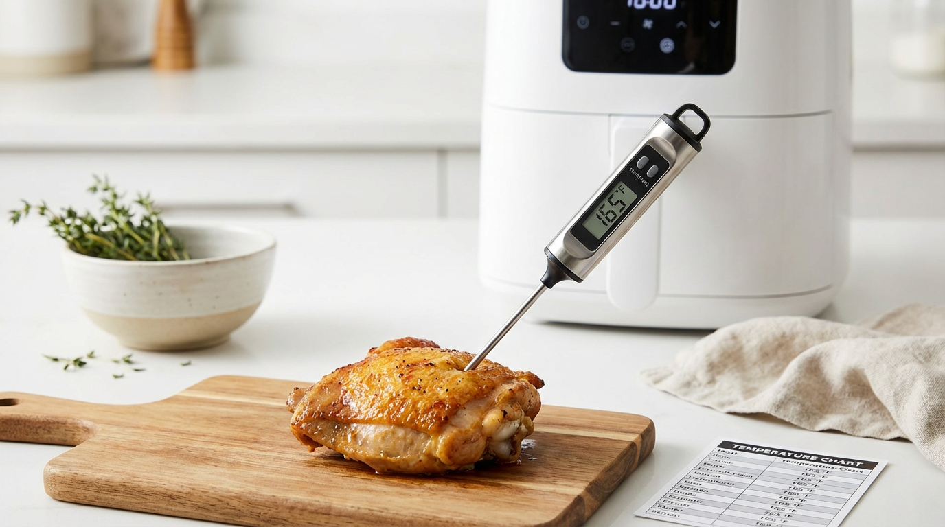 Digitalt stegetermometer i kylling ved siden af airfryer — sikker kernetemperatur