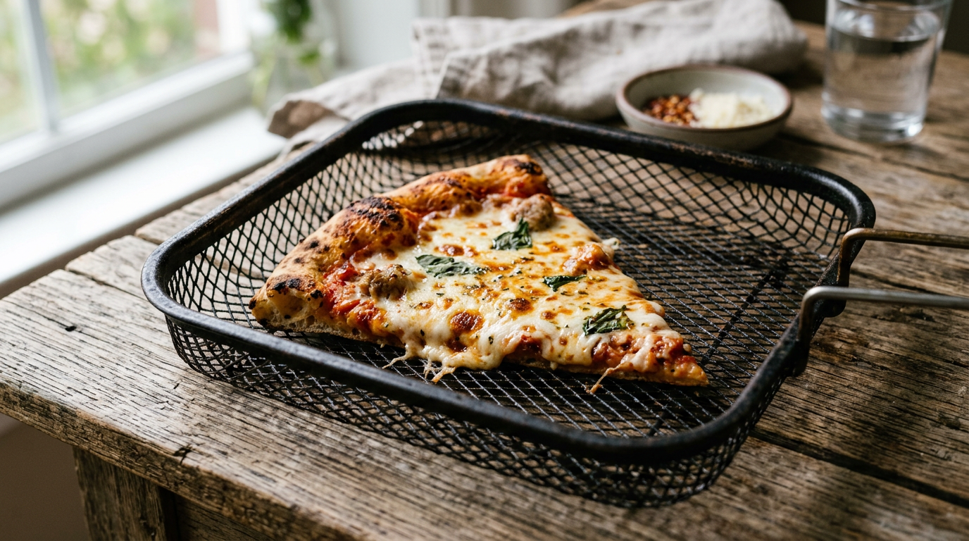 Sprød pizza i airfryer-kontekst på træbord — guide til bund og topping