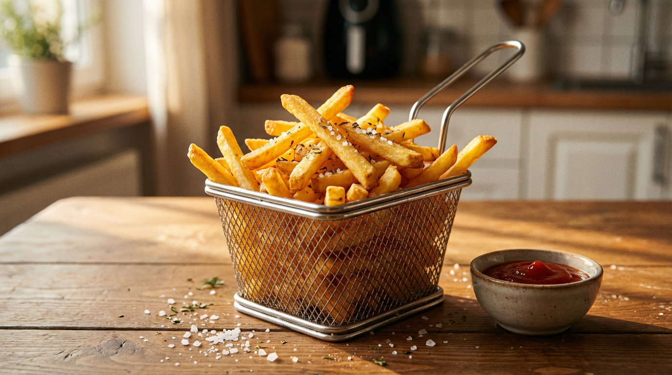 Gyldne pommes fritter i kurv med salt — guide til sprødhed i airfryer