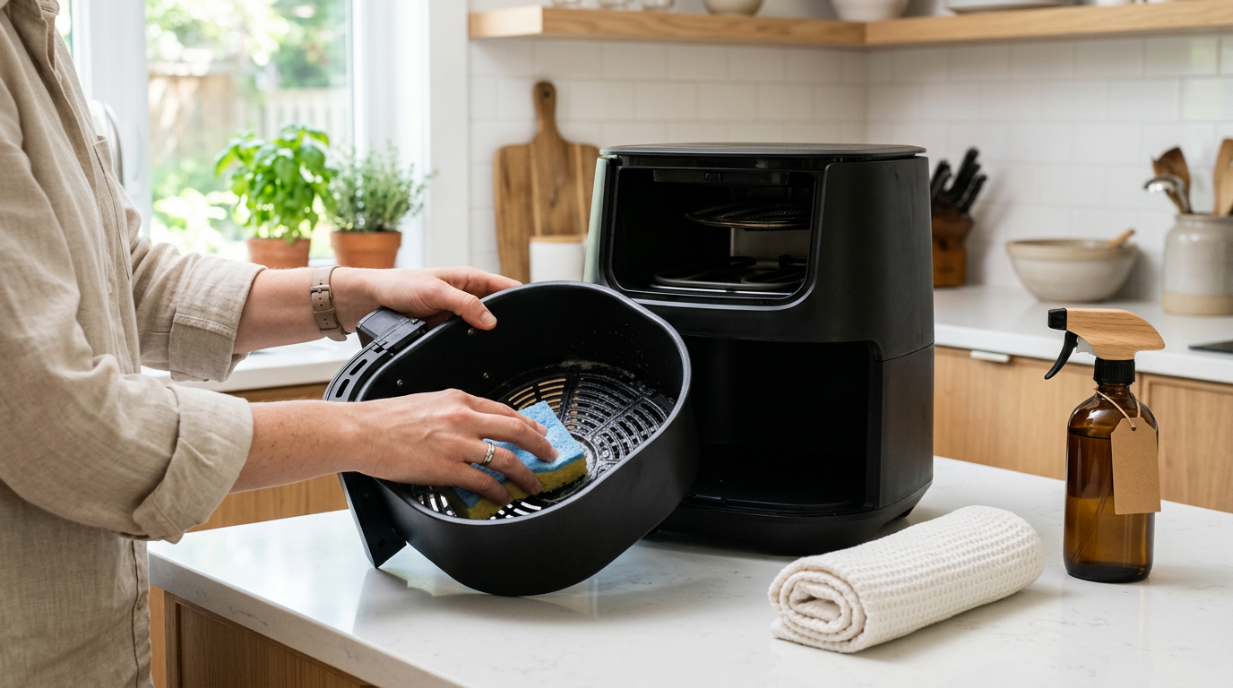 Airfryer og rengøring: kurv, klud og sprayflaske ved siden af åben maskine i lyst køkken