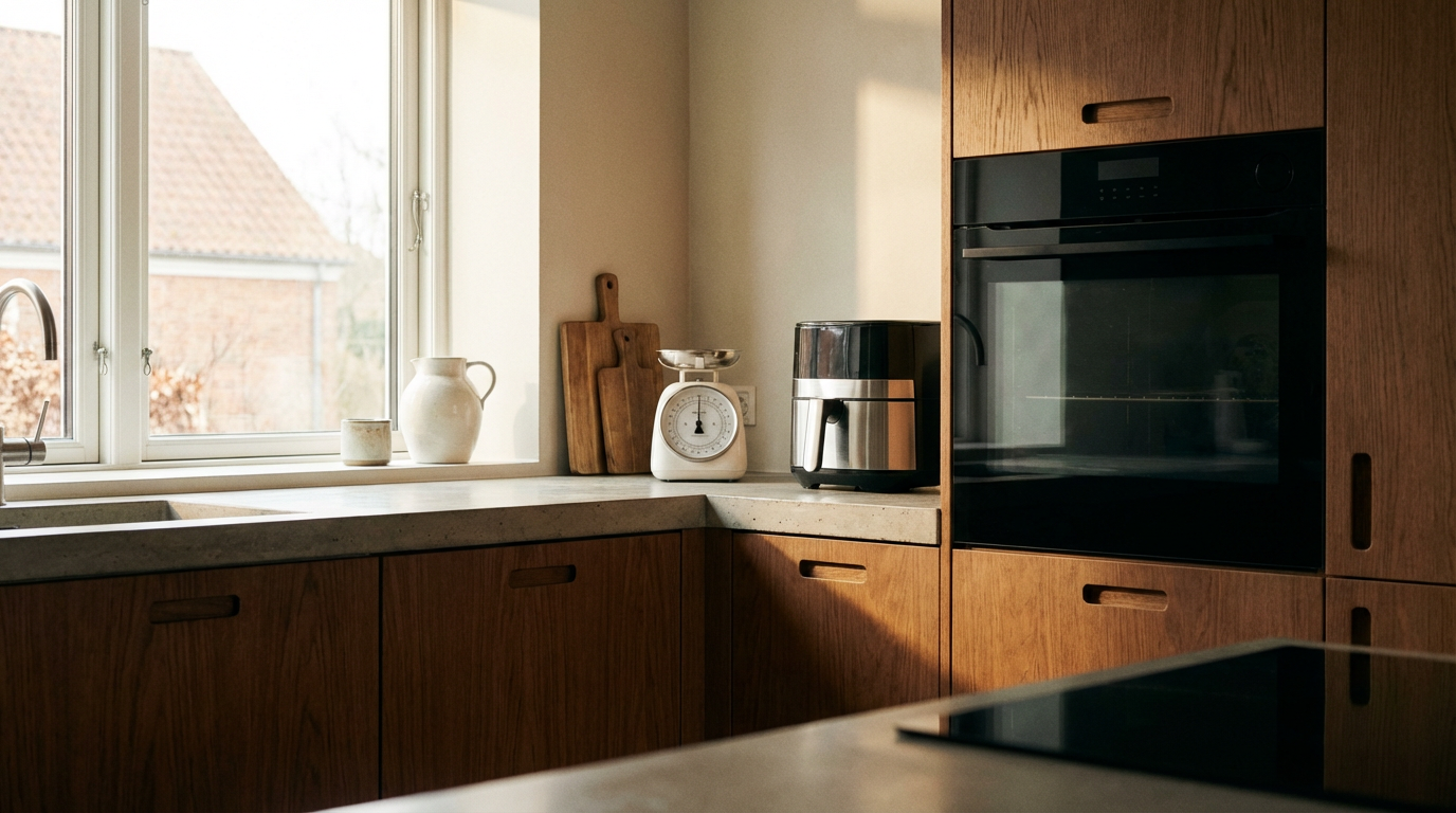 Airfryer og ovn i køkken med naturligt dagslys — illustration til sammenligning af strømforbrug