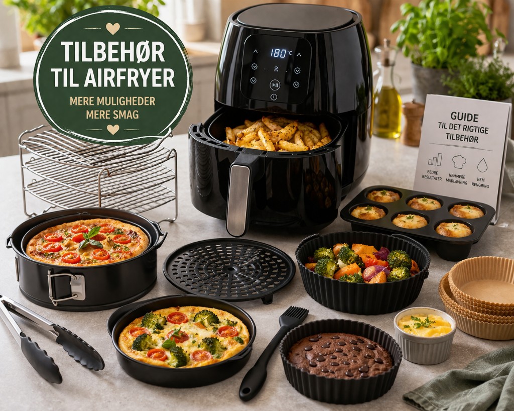 Sort airfryer med pomfritter i kurven, bagforme, rist, pizzaform, muffinbakke og silikoneindsatser med mad – tilbehør til airfryer