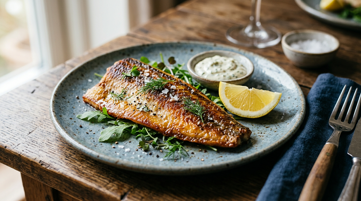 Ålefilet med sprødt skind og citron på tallerken
