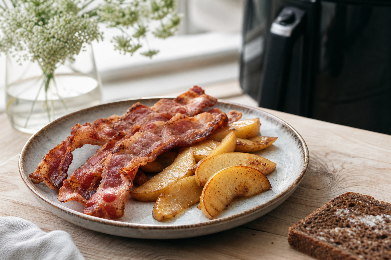 Sprødt bacon og varme æblebåde på tallerken ved rugbrød i snit, lys hverdagsscenarie, airfryer ud af fokus bagved.