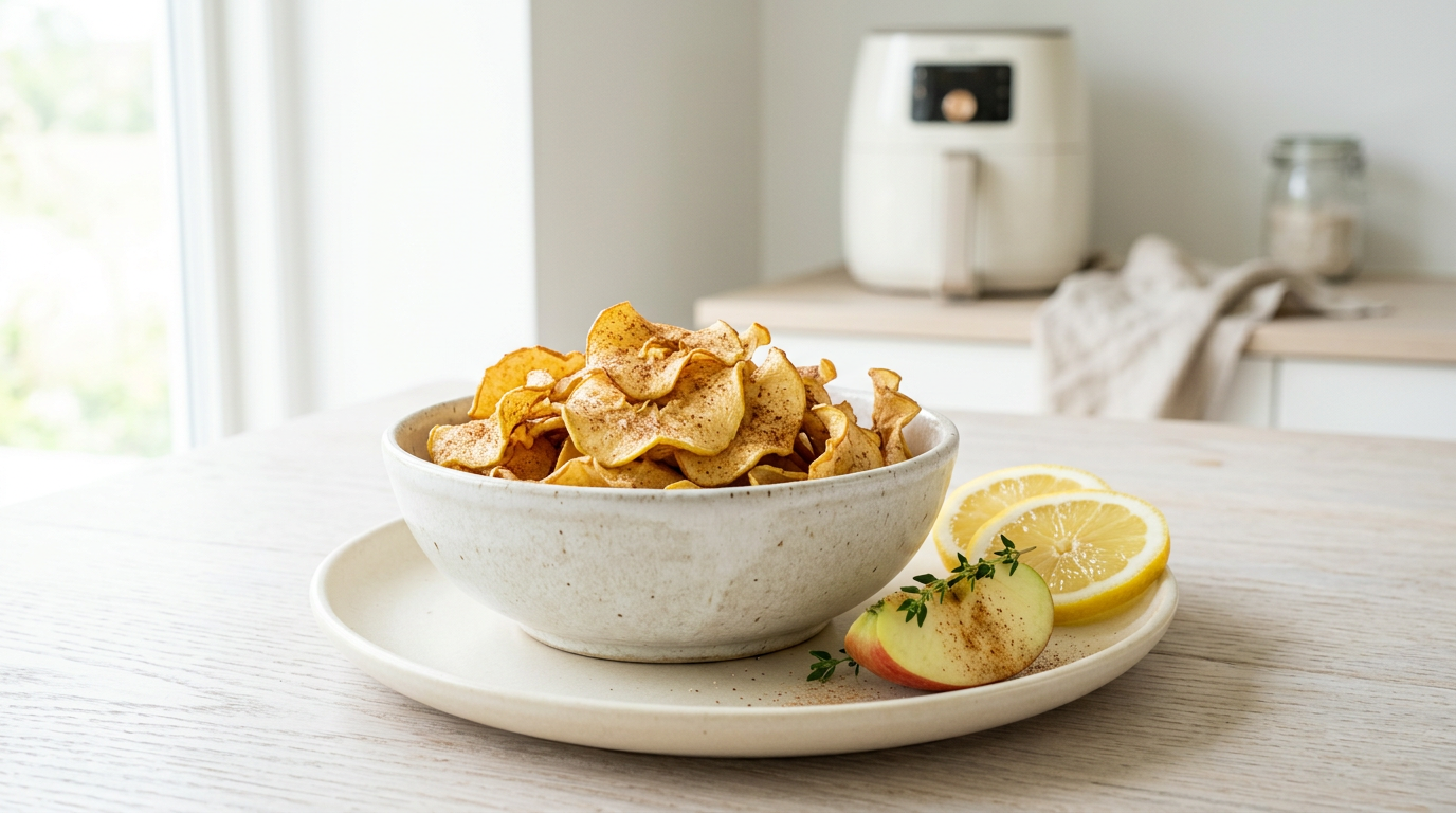 Lys luftig madfoto: gyldne æblechips i skål, lyst træbord, mild kanel, airfryer i blødt fokus