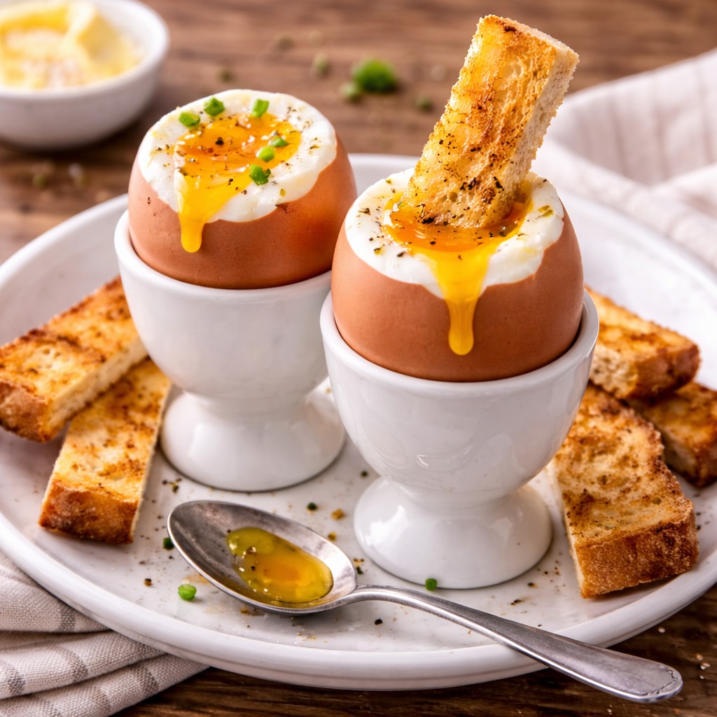 Blødkogte æg i hvide æggebægre med flydende blomme, toaststrimler og purløg på hvid tallerken
