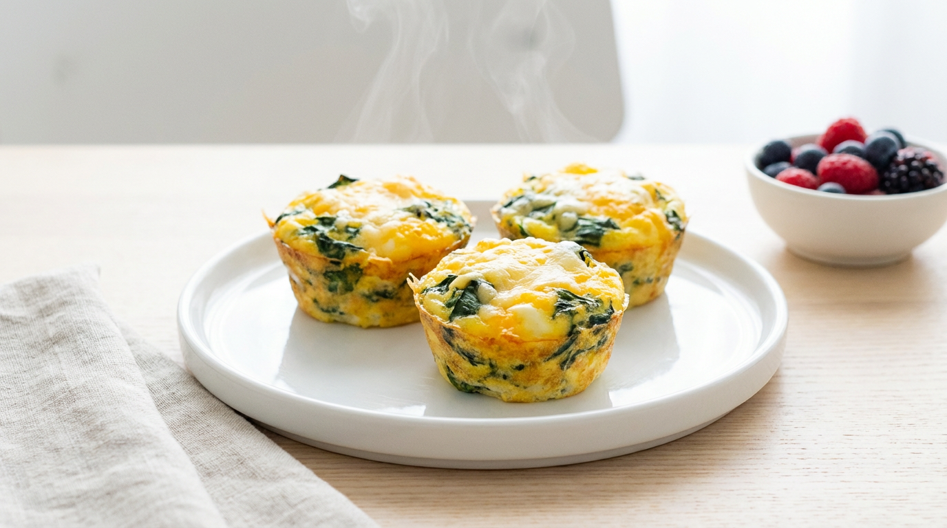 Tre gule æggemuffins med spinat på lys tallerken, damp, nordisk morgenmadsfoto