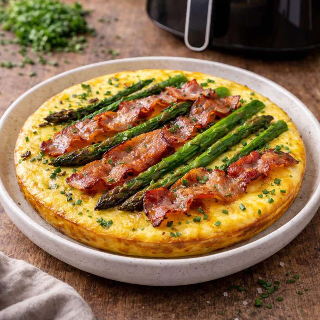 Luftig æggekage toppet med grønne asparges og sprød bacon på tallerken foran en airfryer
