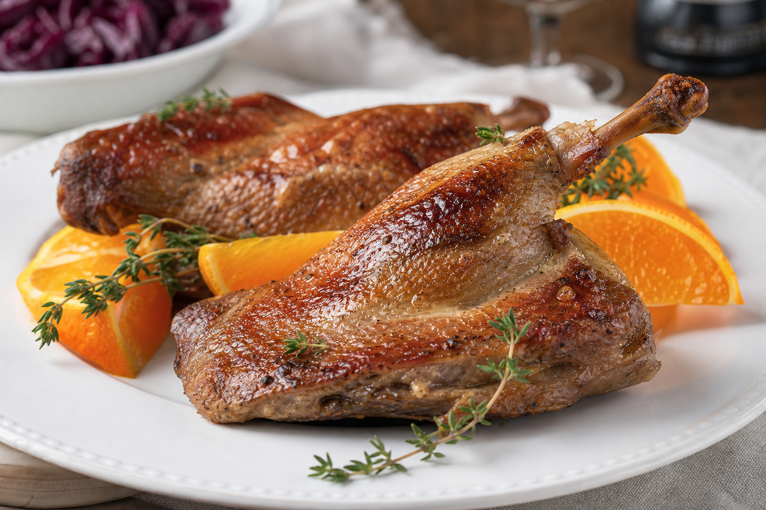 And med sprødt skind, citrus og krydderurter på serveringsfad