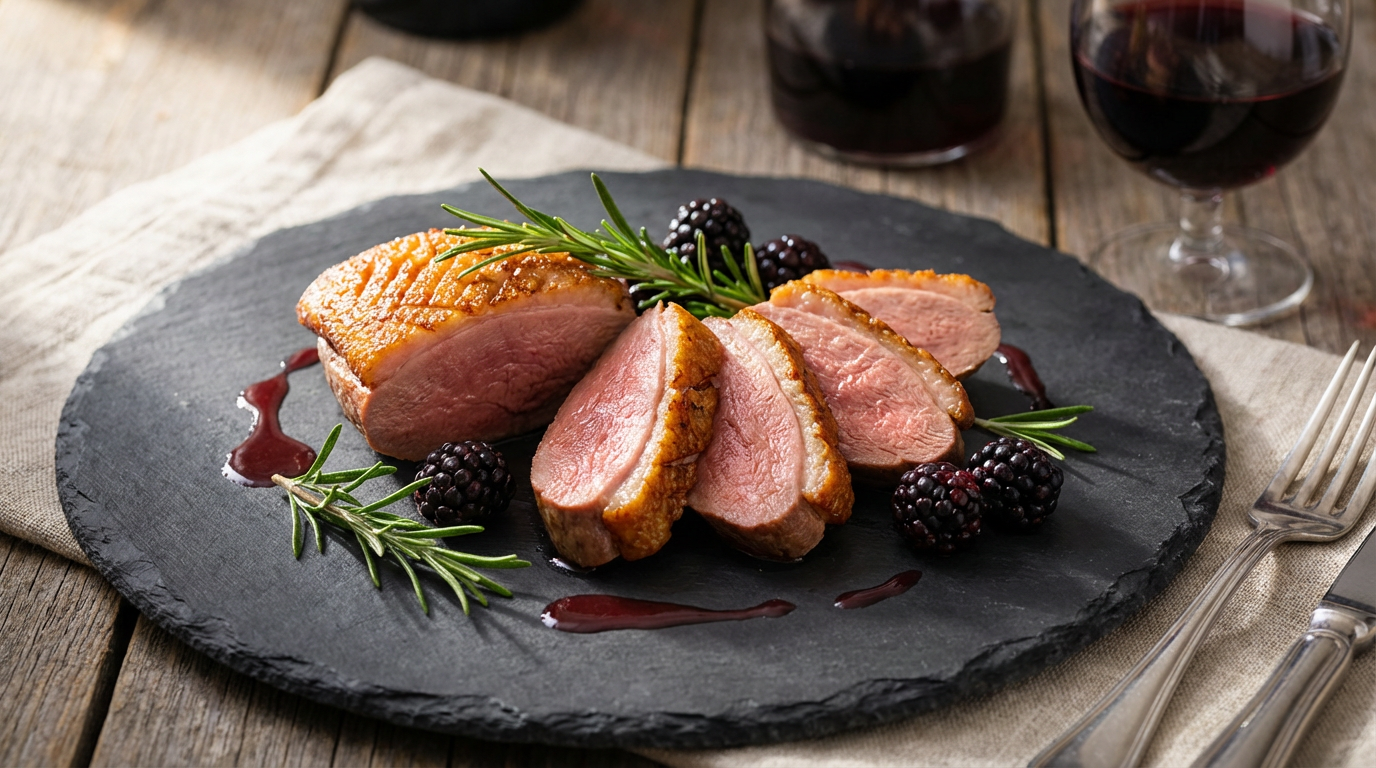 Skåret andebryst med sprødt skind, rosa midte og rosmarin på tallerken