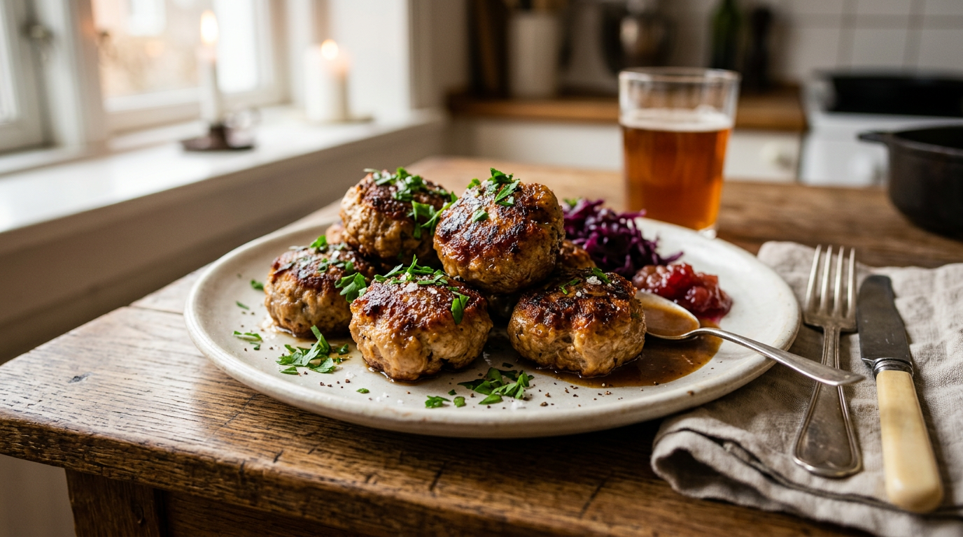 Gyldne andefrikadeller med persille på tallerken