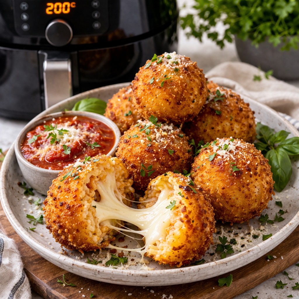 Gyldne panerede arancini på tallerken, den ene åbnet med smeltet mozzarella, dipperskål med tomatsauce, persille og airfryer med 200 °C i baggrunden