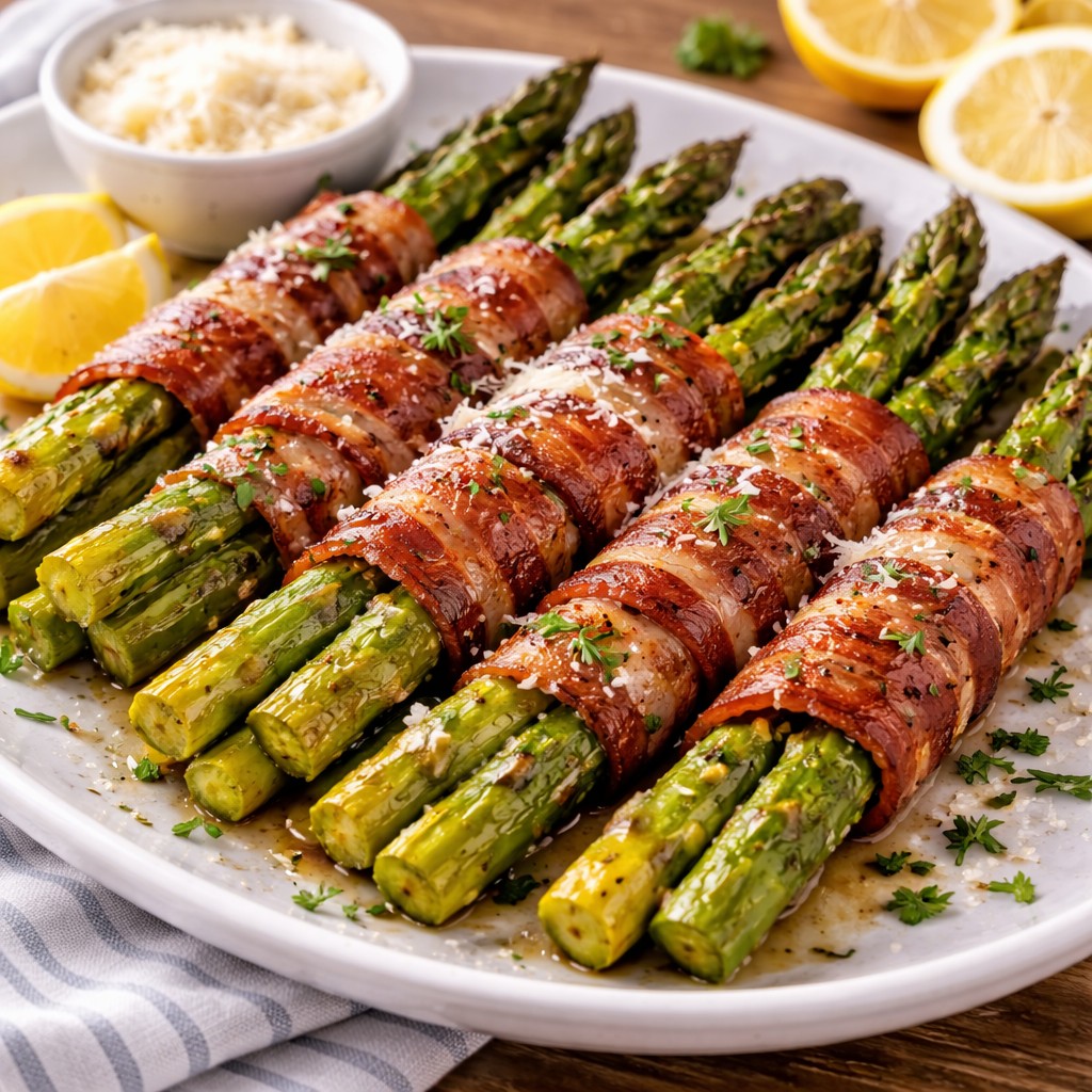 Asparges bundter pakket ind i sprød bacon med revet parmesan og citron på tallerken