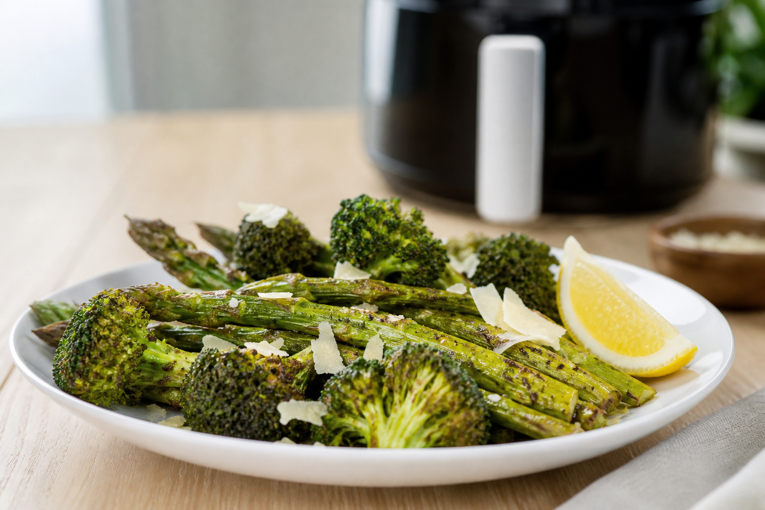 Ristet asparges og broccoli med citron og parmesan på hvid tallerken