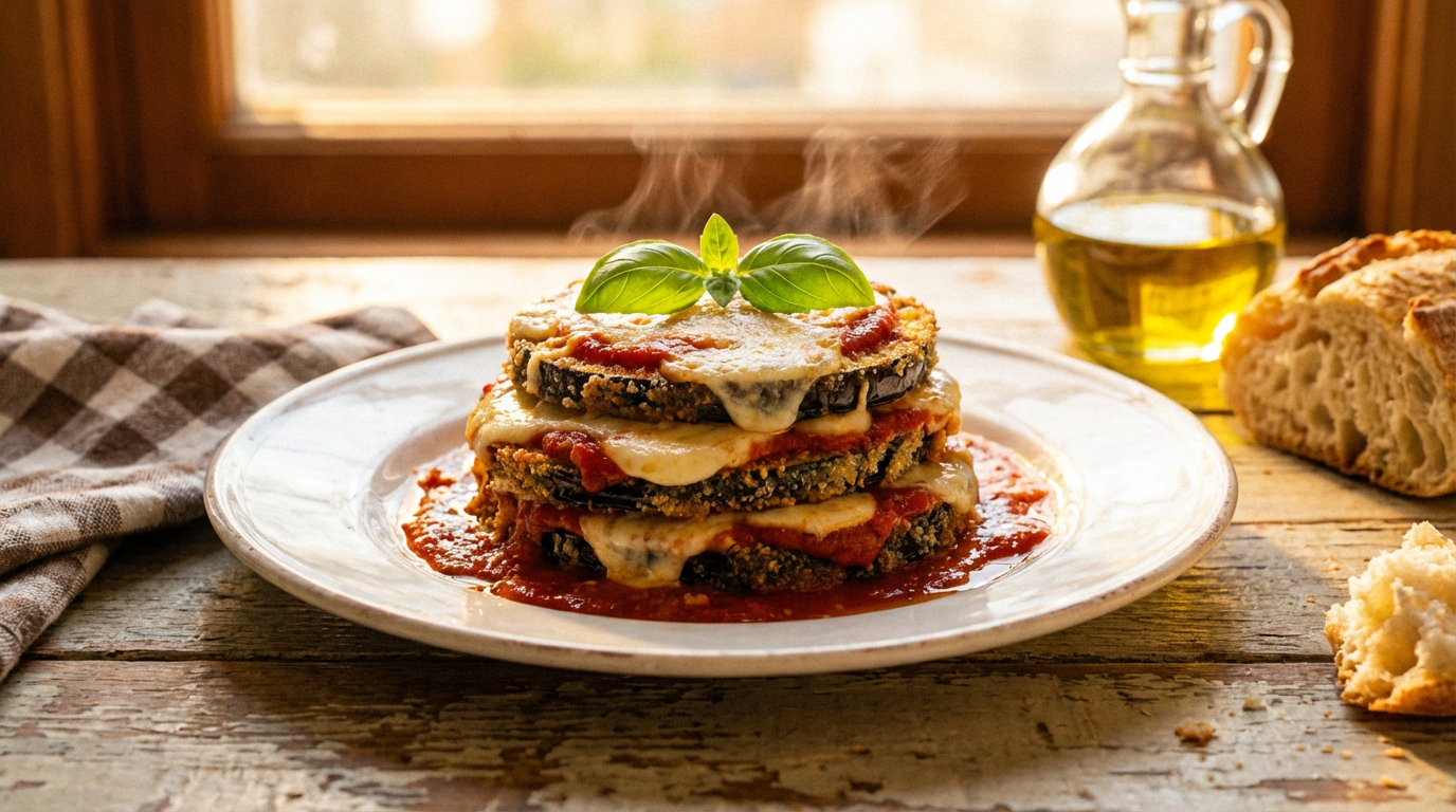 Stablet aubergine parmesan med smeltet ost, tomatsauce og basilikum på tallerken