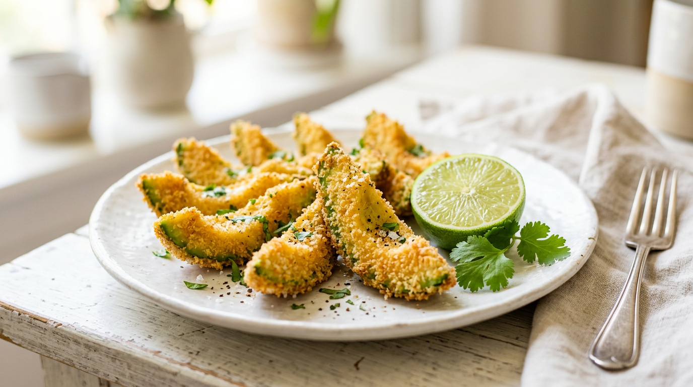 Gyldne avocado-wedges med lime og grønt på hvid tallerken, lyst forårs-agtigt madfoto