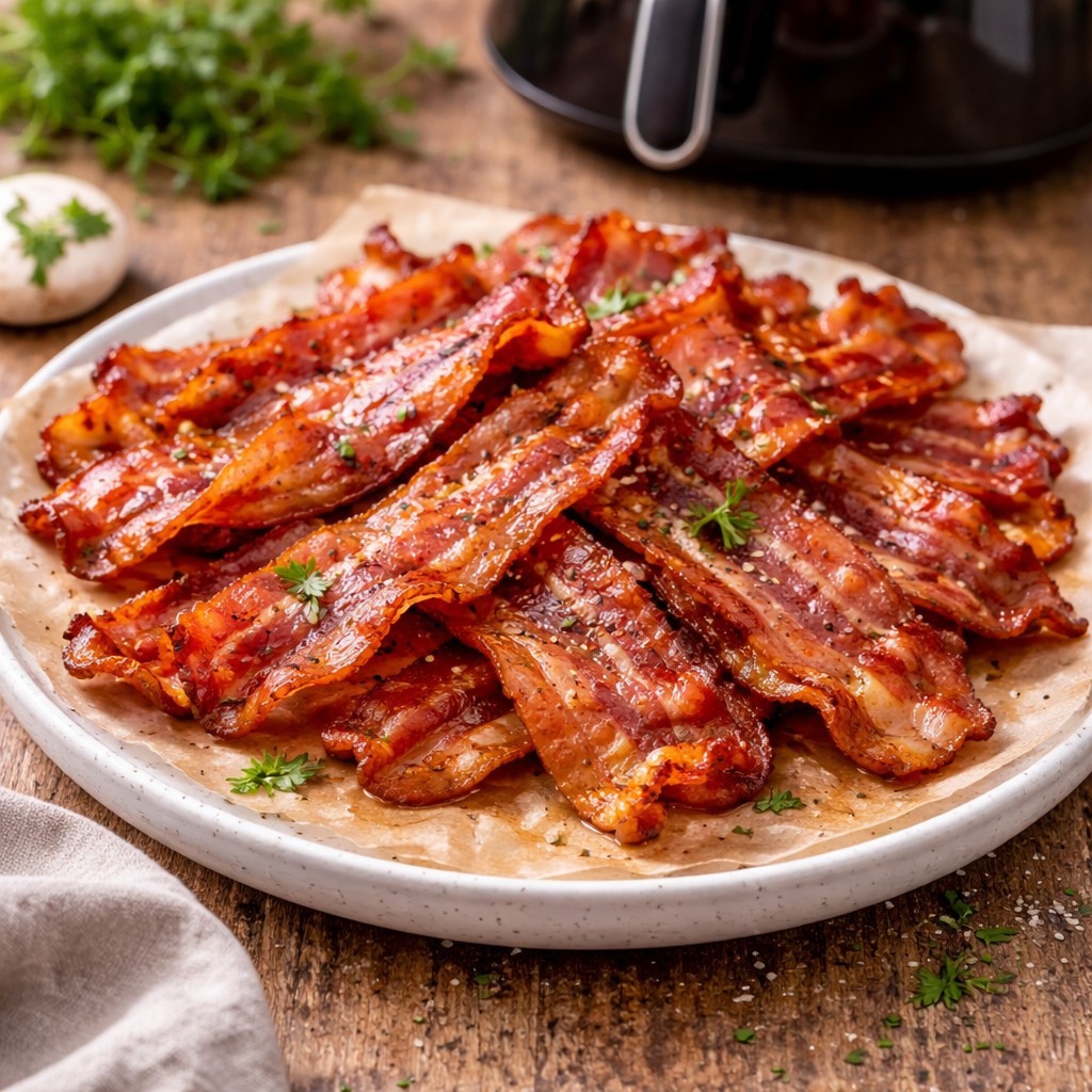 Sprøde stegte baconskiver på tallerken foran en airfryer