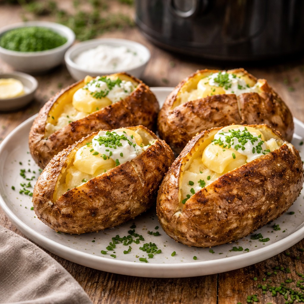 Fire sprøde bagekartofler med smør, cremefraiche og purløg på en tallerken foran en airfryer