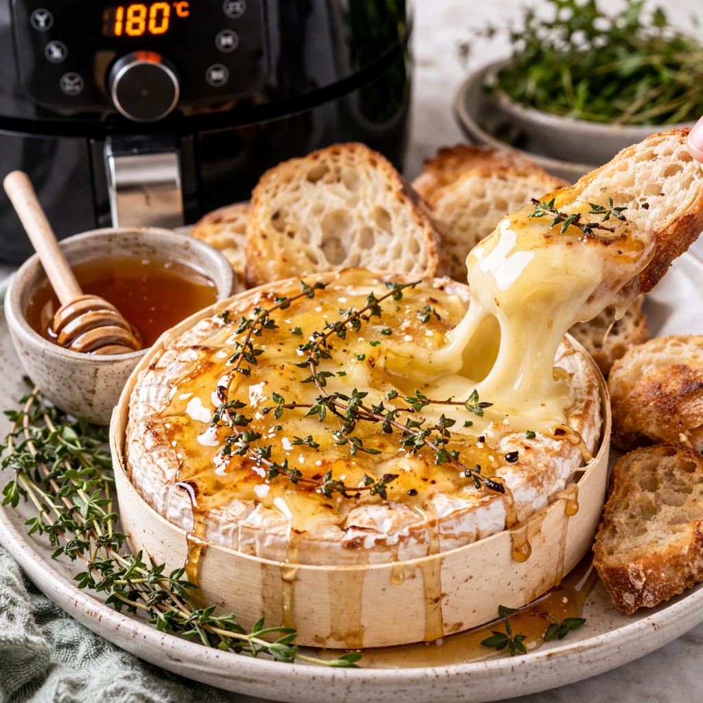Bagt camembert i trækasse med honning og timian, hånd der dypper ristet brød i den smeltede ost, honning skål og airfryer med 180 °C på display i baggrunden