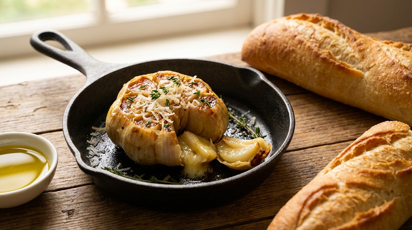 Bagt helt hvidløg med parmesan og urter i lille fad
