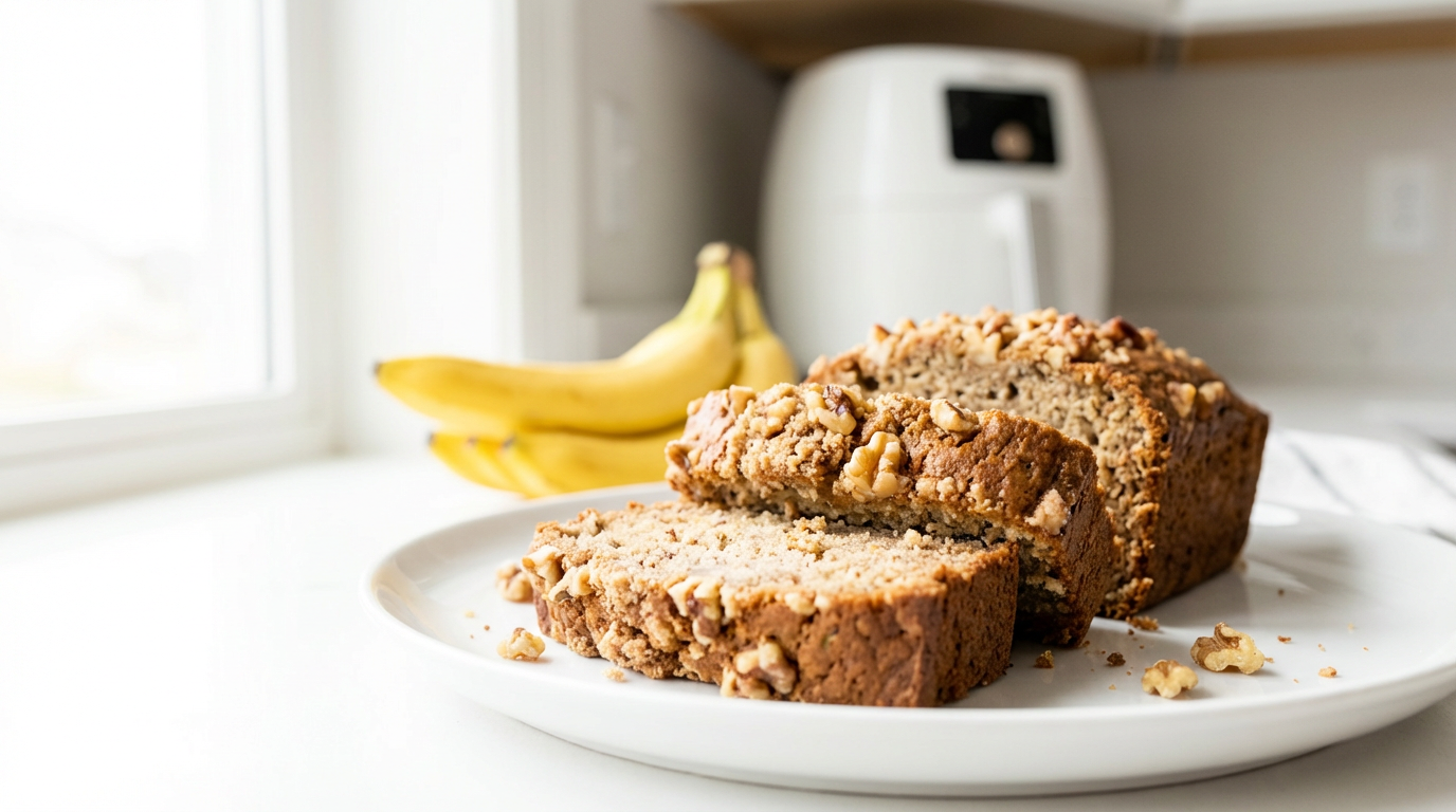 Skåret bananbrød med kanel på off-white tallerken, modne bananer ved siden af, lyst køkken og airfryer i blødt fokus