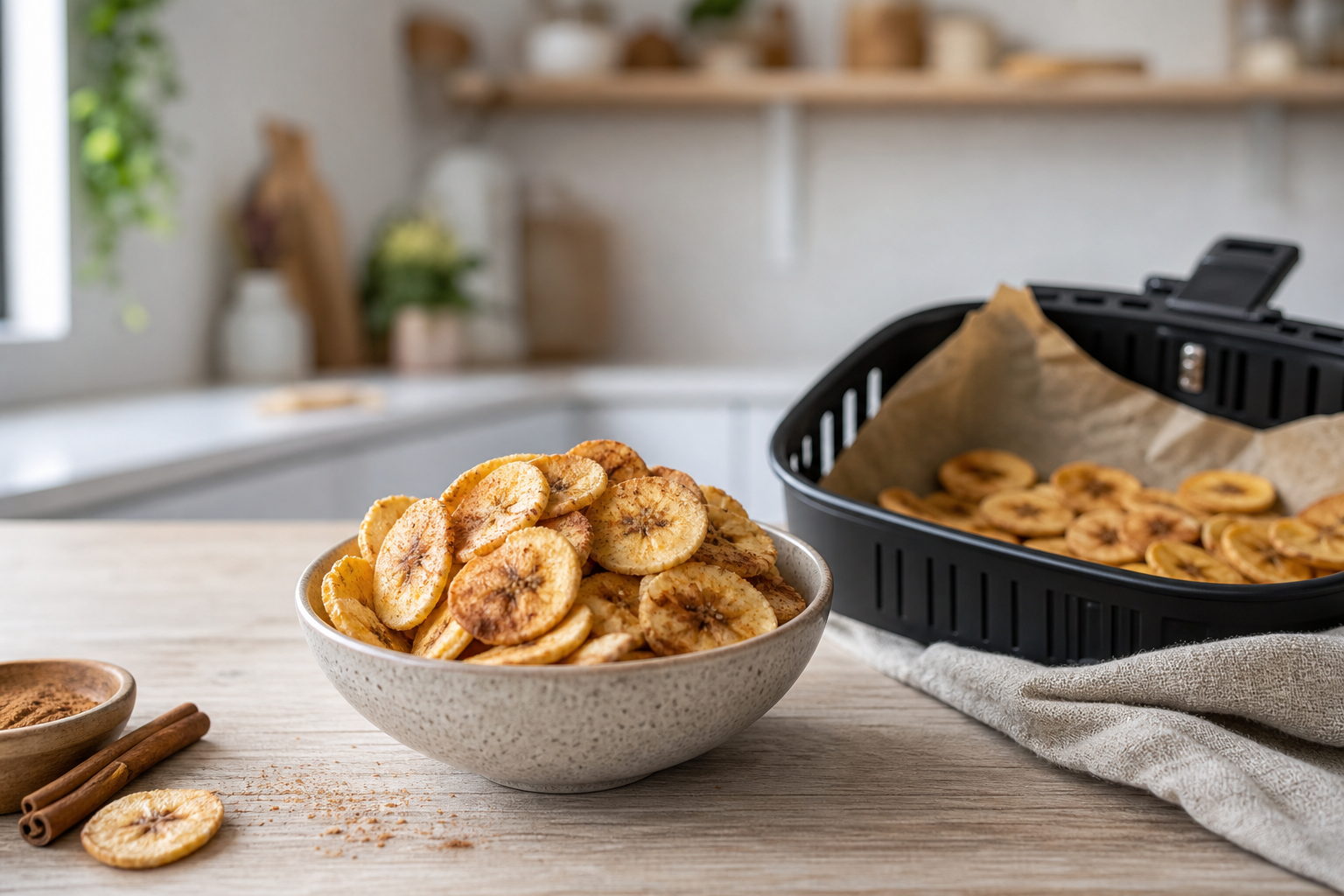 Sprøde bananchips med kanel i skål ved airfryer