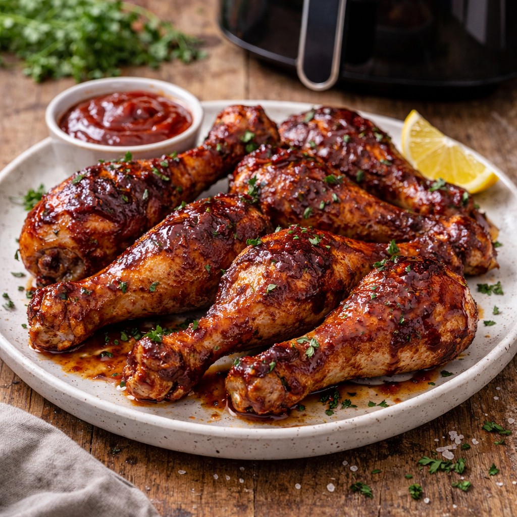 BBQ-glaserede kyllingelår med blank overflade, dip og citron på tallerken foran en airfryer