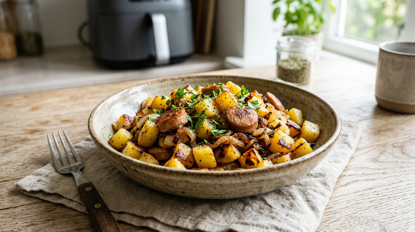 Biksemad med kartofler, pølse og løg i skål — sprøde kanter, hjemlig stemning