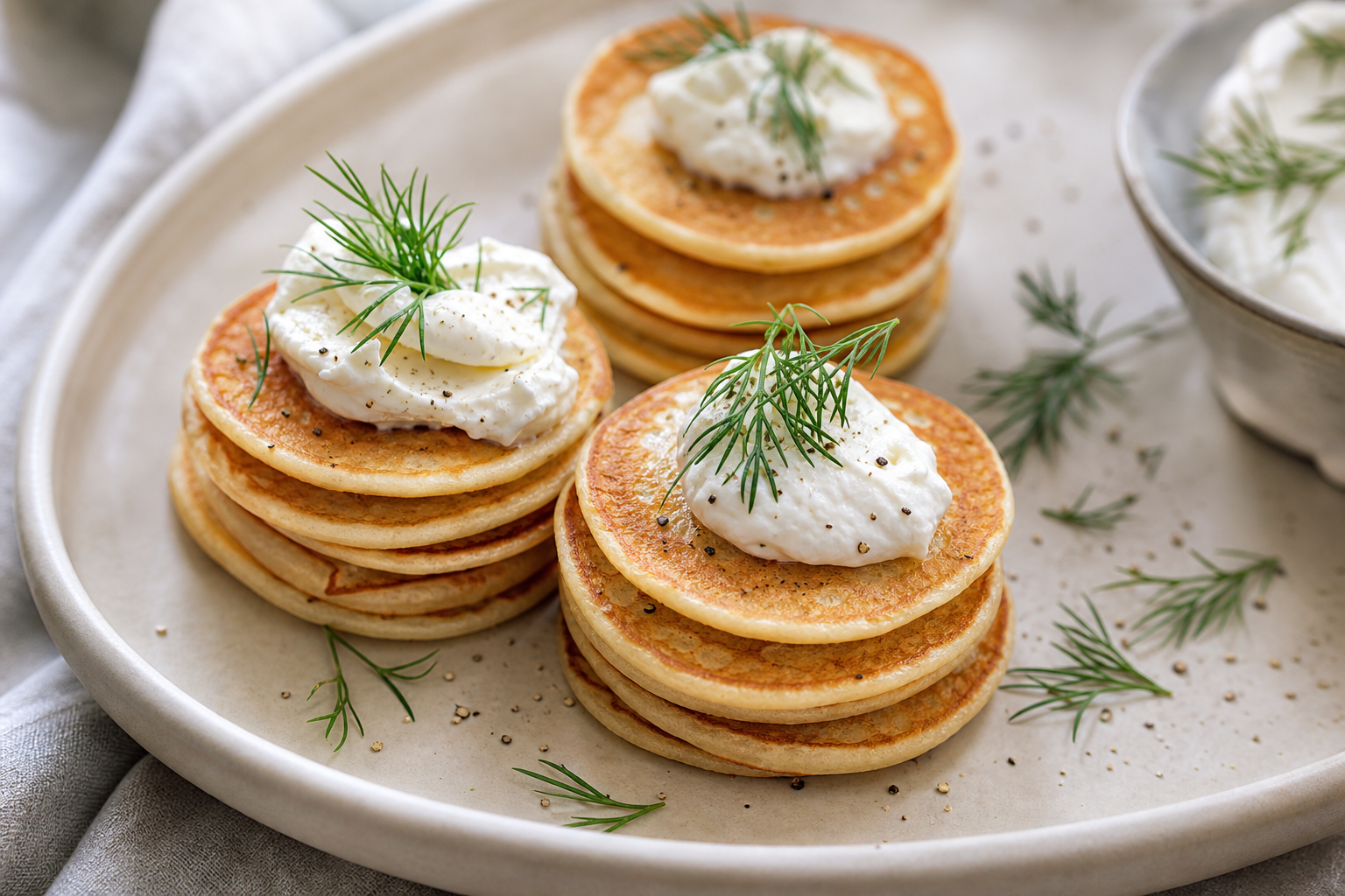 Stak af små runde blinis med dild og cremefraiche på tallerken