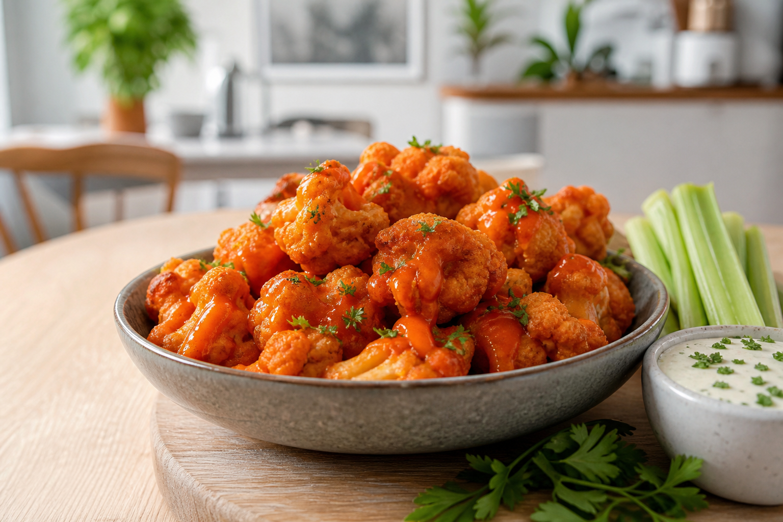 Ristede buffalo-blomkålsbuketter i skål med orange sauce og dip