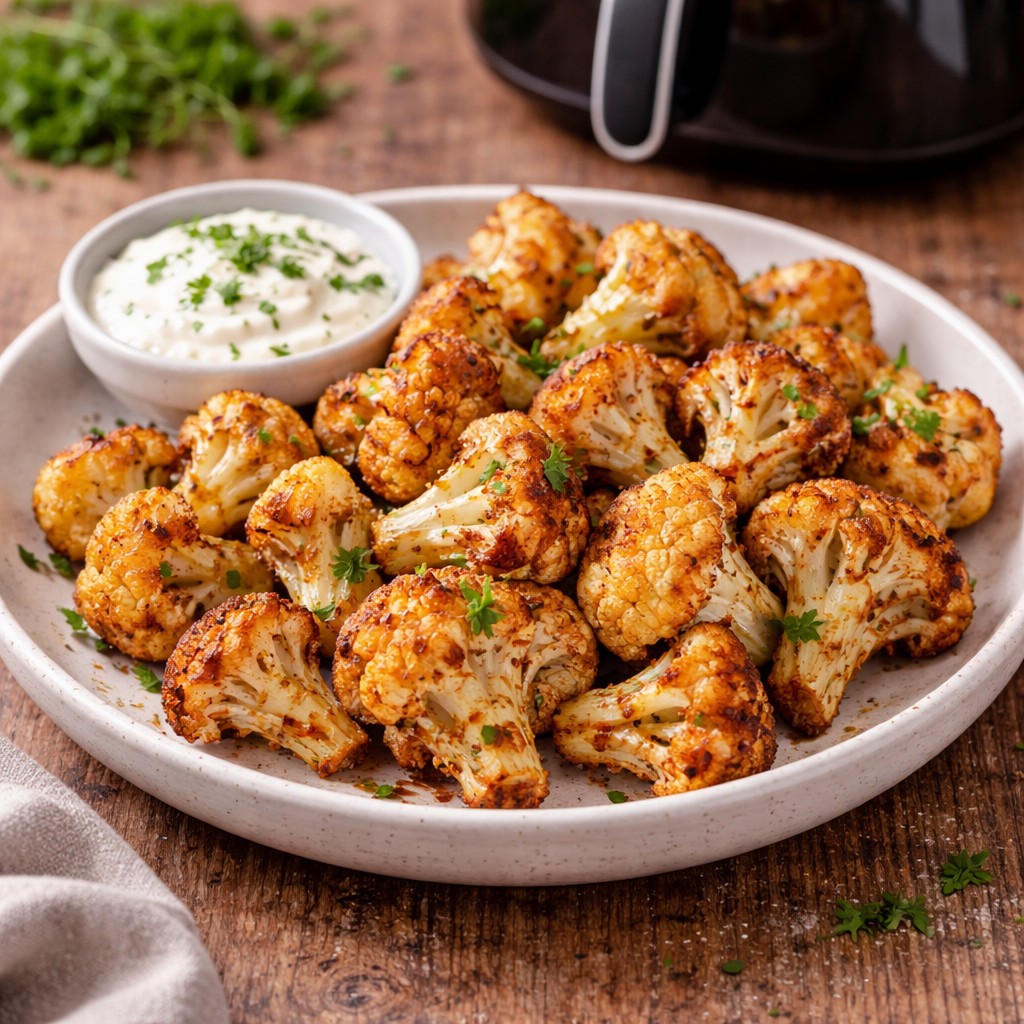 Gyldne sprøde blomkålsbuketter med dip på tallerken foran en airfryer