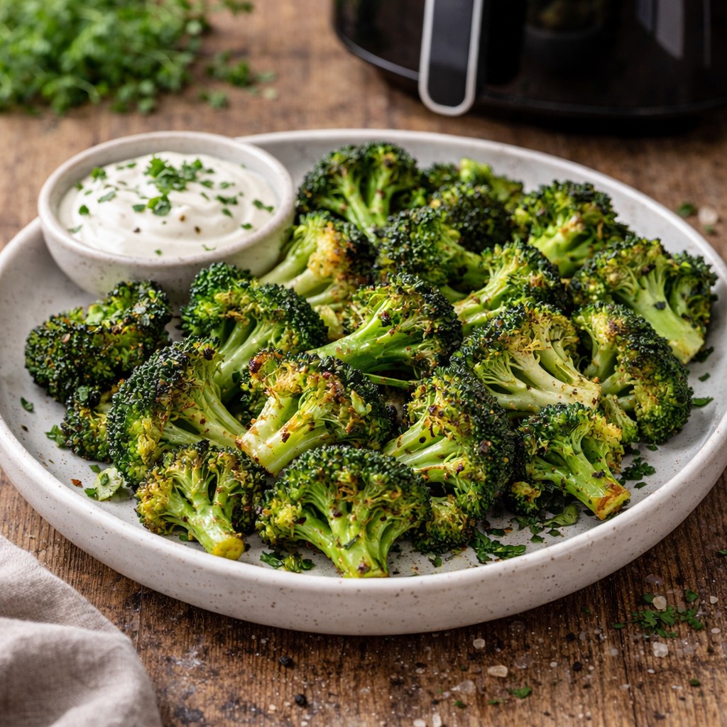 Sprødstegt broccoli med dip på tallerken foran en airfryer