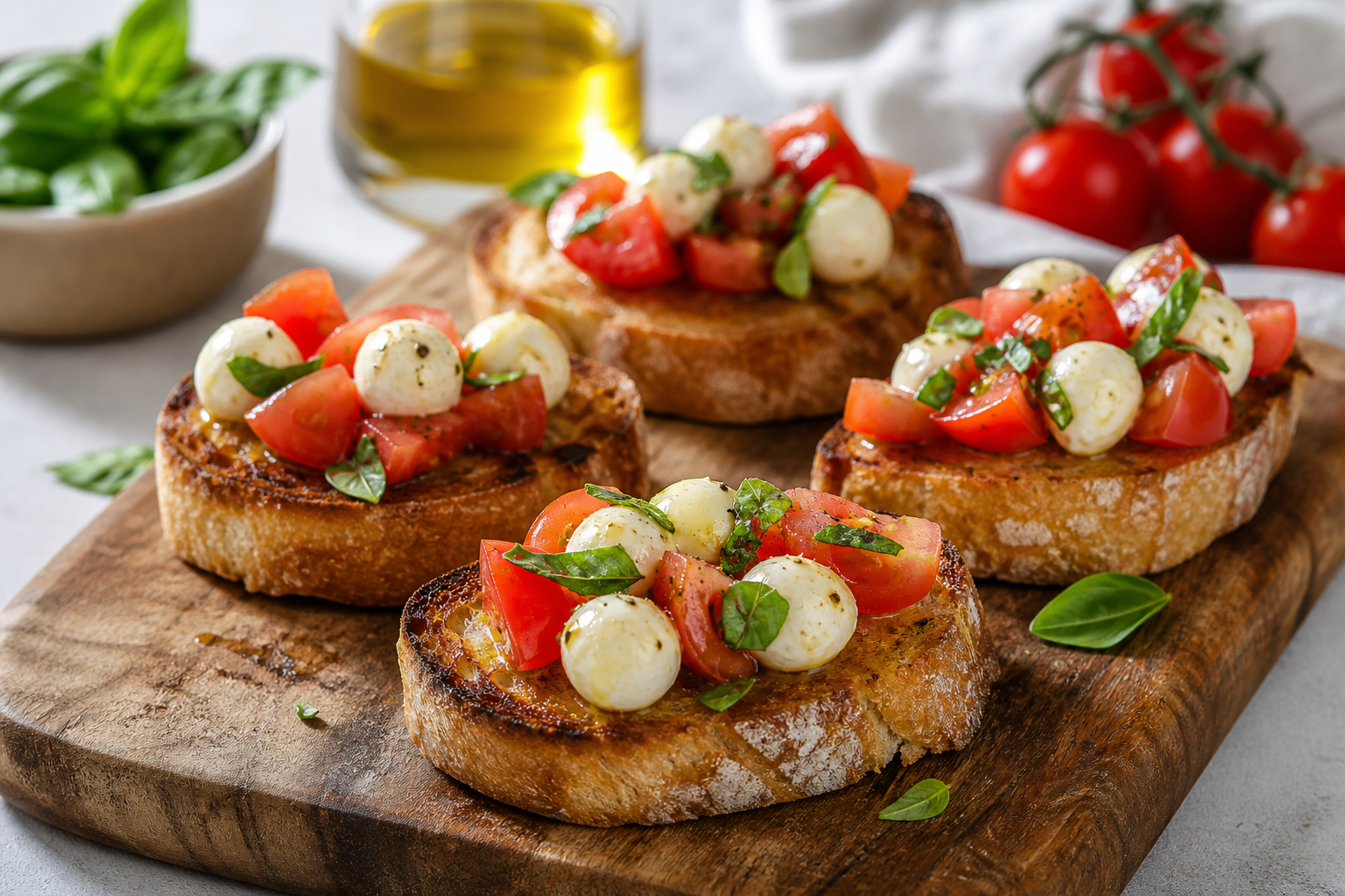 Bruschetta-skiver med tomat, mozzarella og basilikum på skærebræt