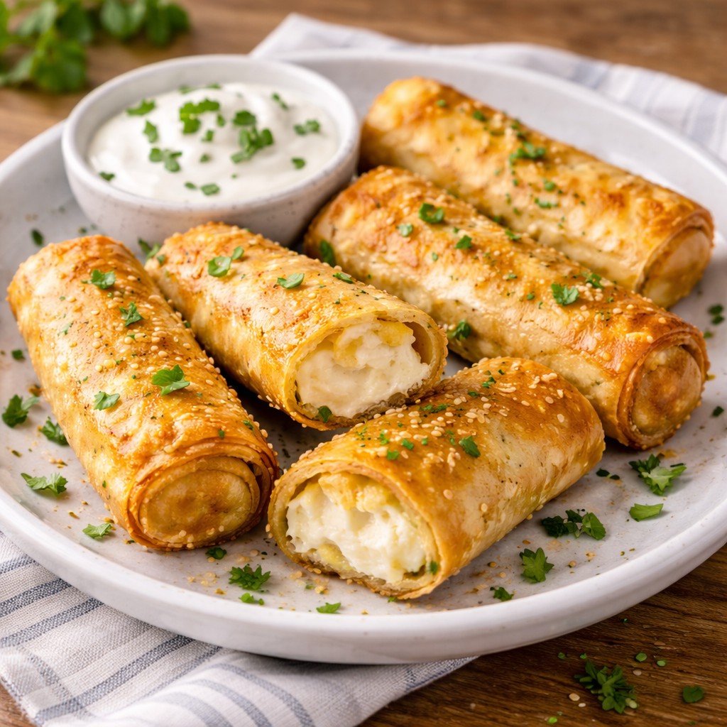 Sprøde burek-snacks af filodej med ostefyld, sesam og yoghurtdip på tallerken