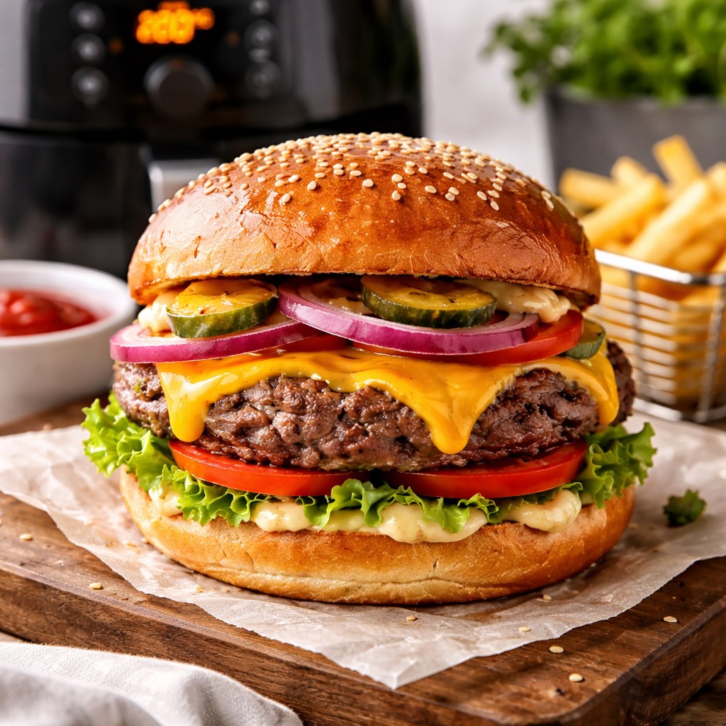 Høj gourmet-burger med sesam-bolle, smeltet ost, salat, tomat, syltet agurk og rødløg foran airfryer med display 200 grader, ketchup og pomfritter